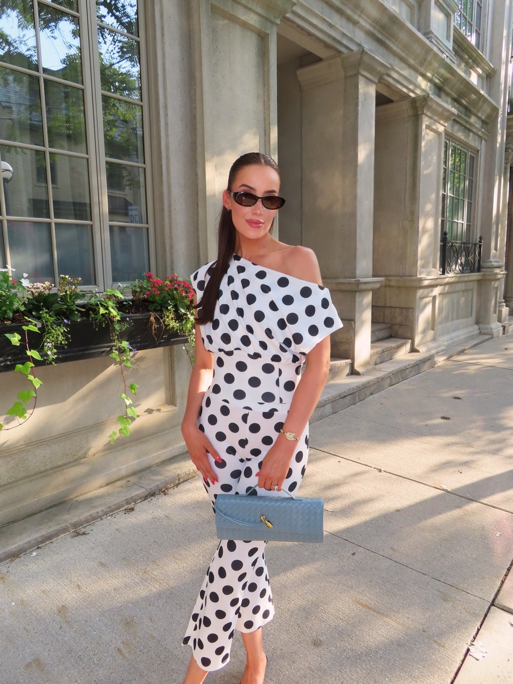 FASHIONNOVA Polka Dot One-Shoulder Midi Dress - White/Black
